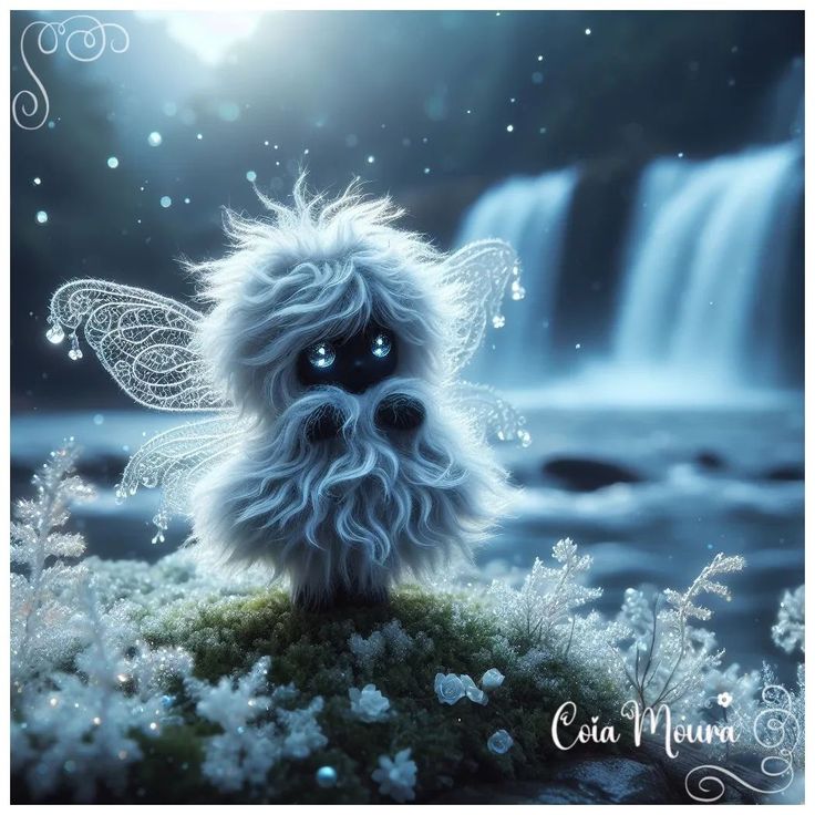 a very cute furry animal in front of a waterfall with water falling from it's wings