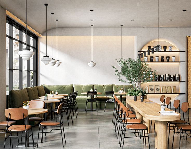 an empty restaurant with tables and chairs