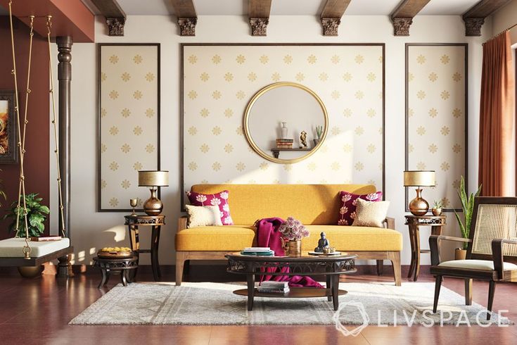 a living room filled with lots of furniture next to a wall covered in mirrors and paintings