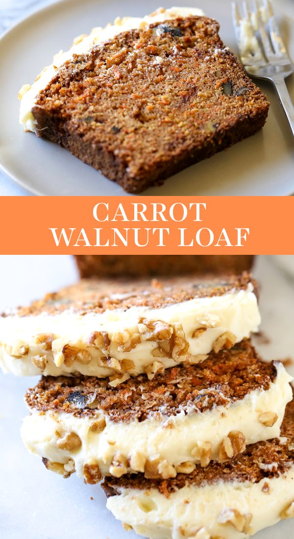 carrot walnut loaf with cream cheese frosting on top and the words carrot walnut loaf above it