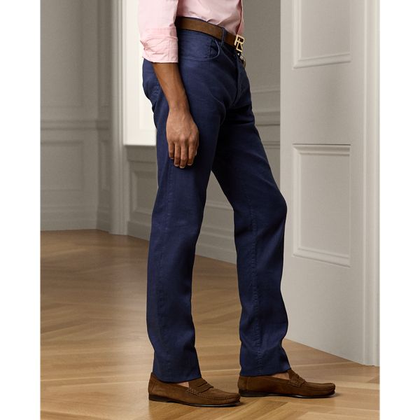 These jeans are crafted with a lightweight blend of linen cotton and stretch fibers for superior comfort. Luxury Cotton Jeans, Elegant Relaxed Fit Cotton Jeans, Luxury Cotton Jeans With Five Pockets, Linen Jeans With Pockets, Elegant Cotton Jeans For Business Casual, Elegant Business Casual Cotton Jeans, Relaxed Fit Linen Jeans In Denim Blue, Ralph Lauren Straight Leg Jeans For Spring, Ralph Lauren Casual Business Casual Pants