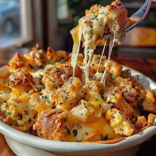 a fork is lifting up some cheesy bread casserole from a white dish