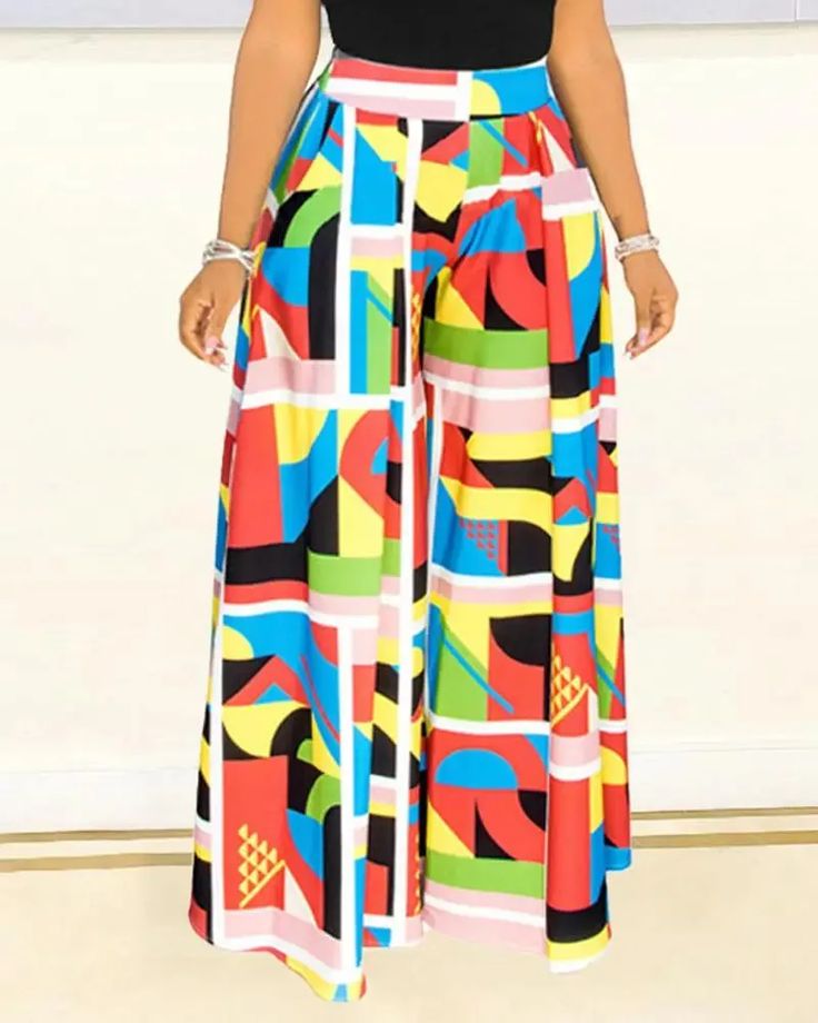 Lasaky - High-waisted geometric print wide-leg pants Chic Wide Leg Bottoms With Vibrant Print, Spring Abstract Print Wide Leg Bottoms, Chic Wide Leg Bottoms With Bold Print, Summer Wide Leg Bottoms With Abstract Print, Wide Leg Bottoms With Abstract Print For Summer, Chic Abstract Print Pants For Spring, Casual Bottoms With Bold Print For Spring, Multicolor Printed Wide Leg Vacation Pants, Multicolor Printed Wide Leg Pants For Vacation