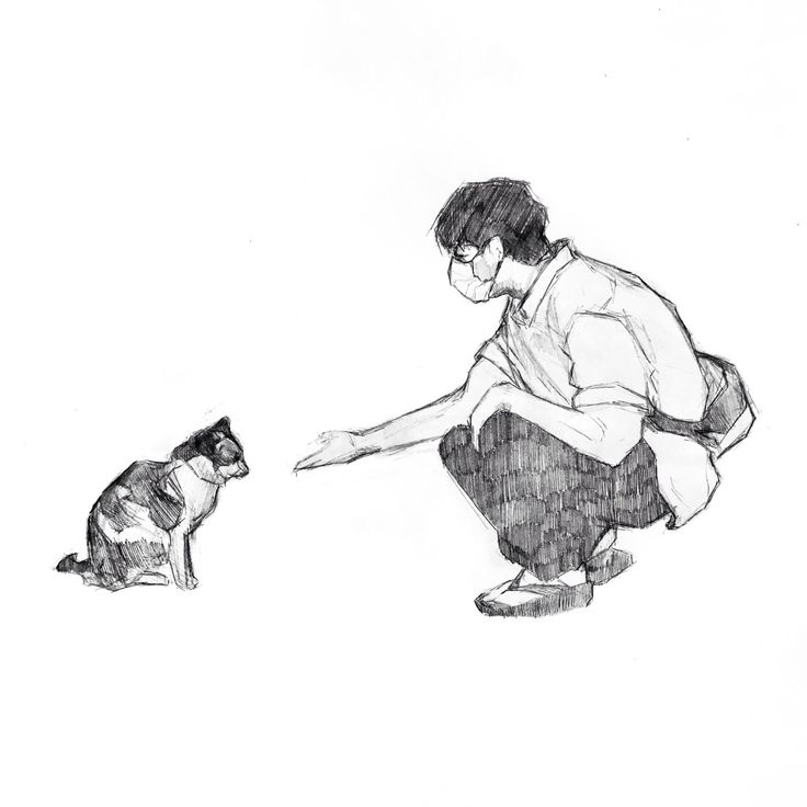 a drawing of a man kneeling down next to a cat