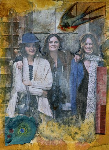 an altered photograph of three women standing next to each other with a bird in the background