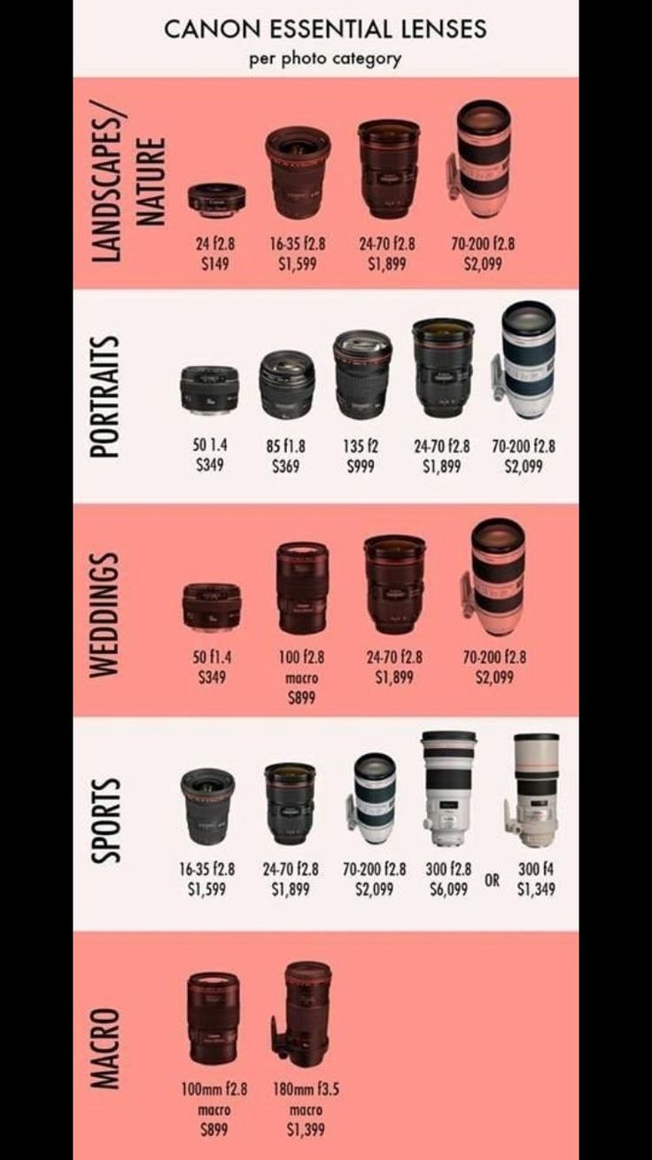 an info sheet showing the different types of camera lens sizes and their corresponding lenses for sale