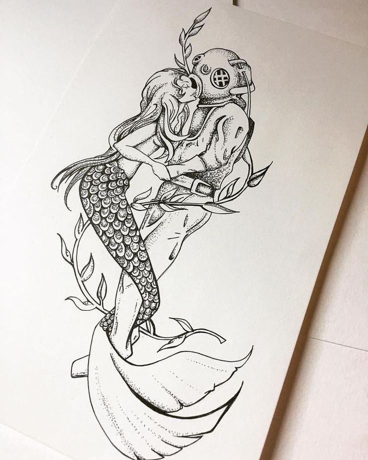 a drawing of a mermaid with a helmet on it's head is shown in black and white