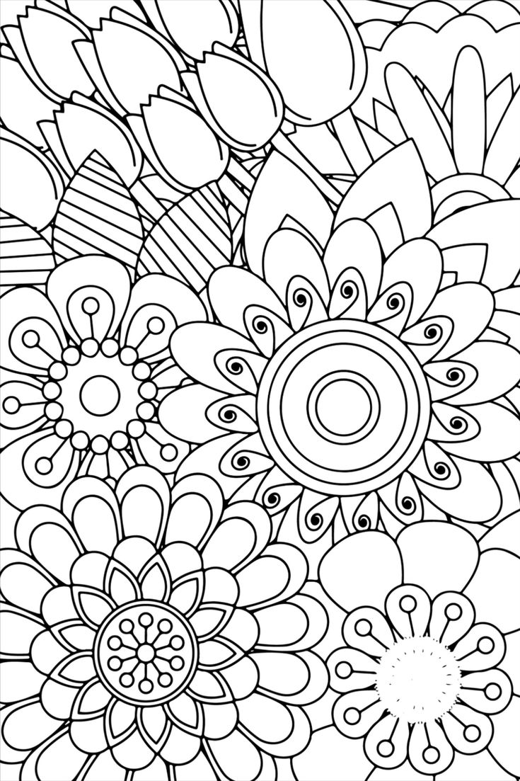 a coloring page with lots of flowers in the middle and one large flower on top