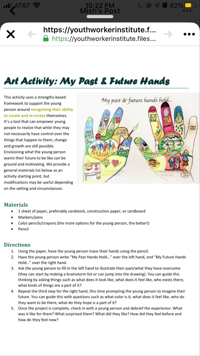 an email page for art activity my past and future hands