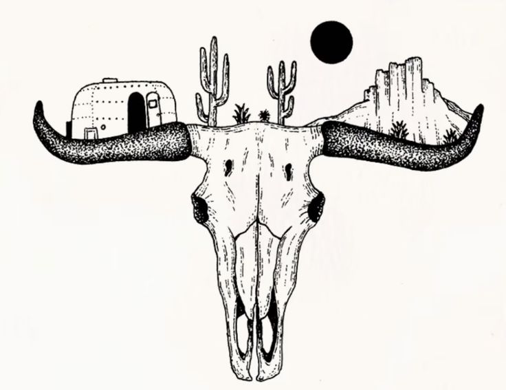 an animal skull with long horns and some houses on it's head is depicted in this black and white drawing