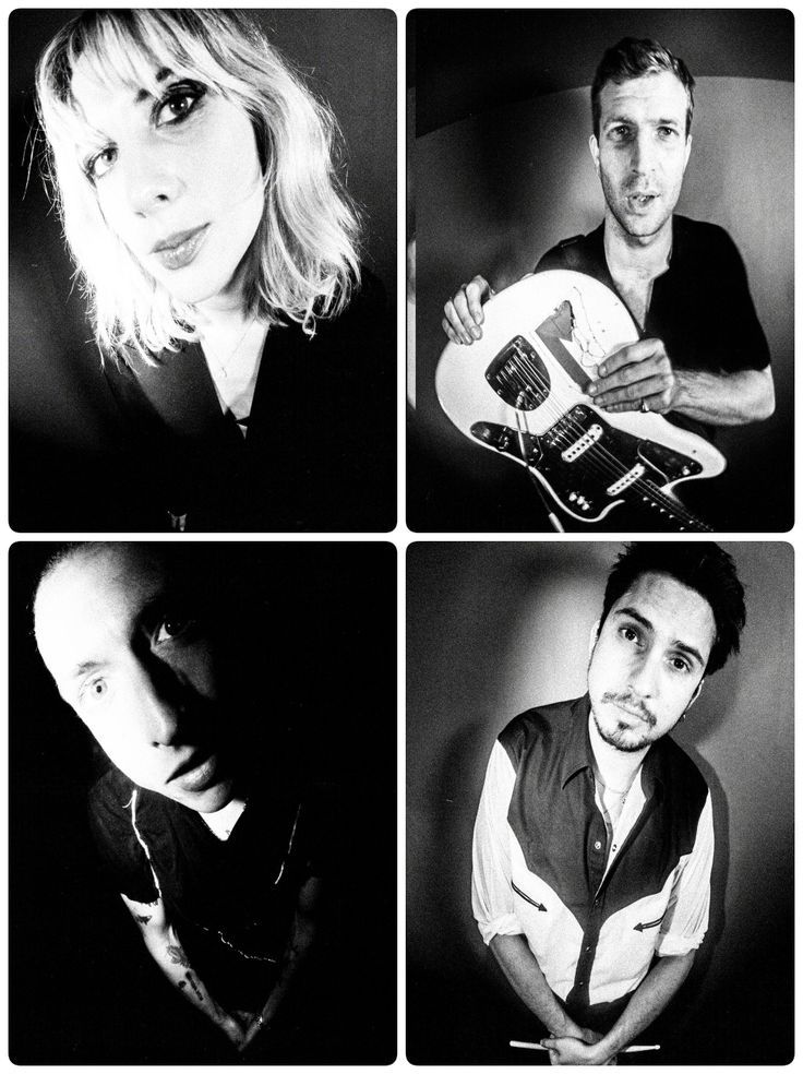 four black and white photos of people with guitars in their hands, one man holding a guitar