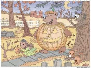 an illustration of a bear dressed up as a pumpkin with other animals around it, in front of a cemetery