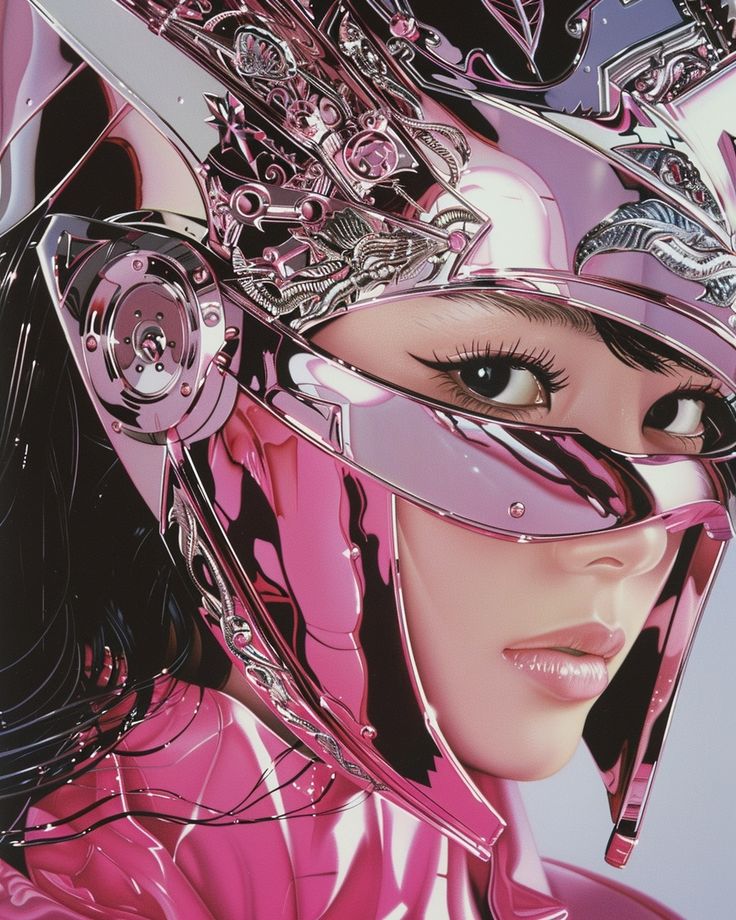 a close up of a person wearing a helmet with metal parts on her face and hair