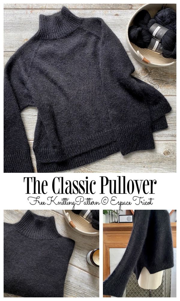 the classic pullover knitting pattern is shown in three different pictures, with text overlay