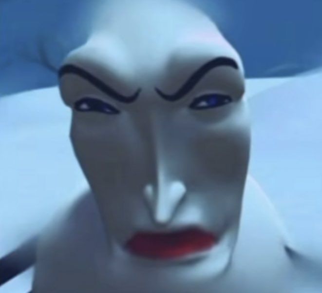 an animated image of a person with blue eyes and white skin, wearing a mask