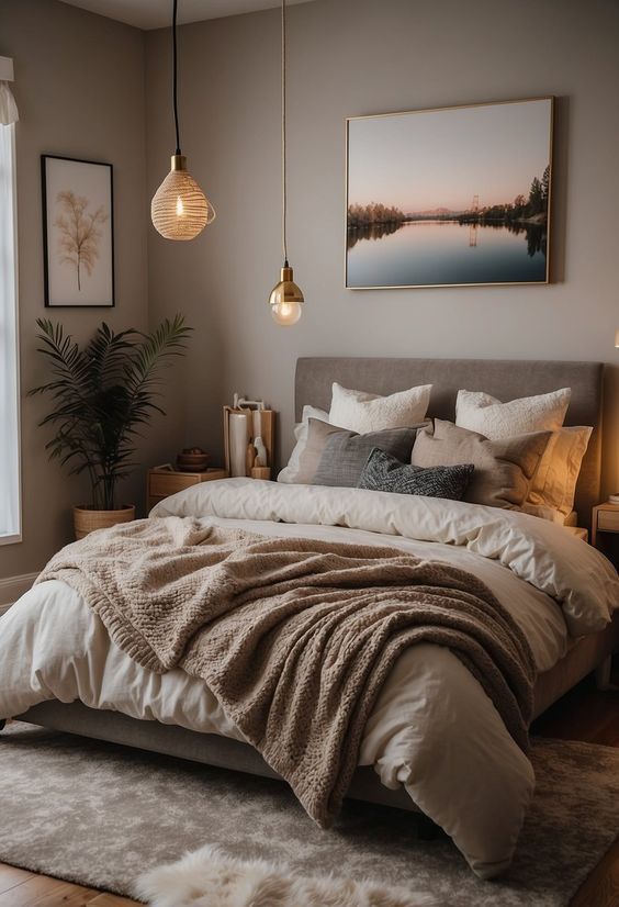 a bedroom with a large bed covered in blankets and throw pillows, lamps hanging from the ceiling