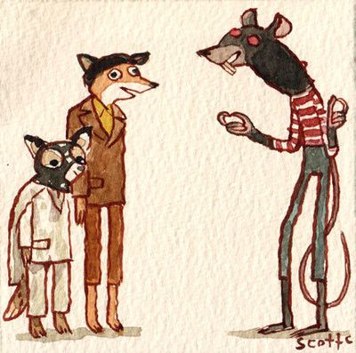 a drawing of a man and two dogs talking to each other