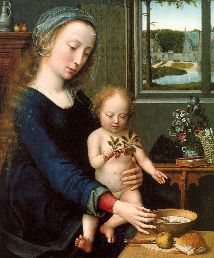 a painting of a woman holding a baby in front of a table with food on it