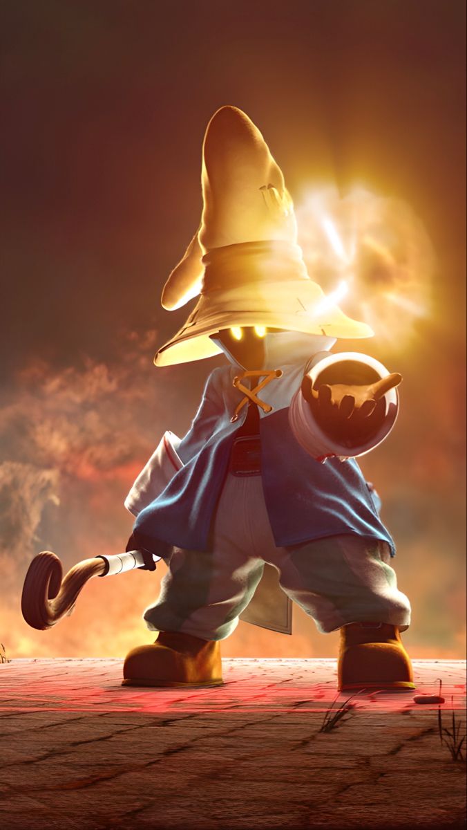 a cartoon character with a hat and umbrella in front of a bright light that is coming out of the sky