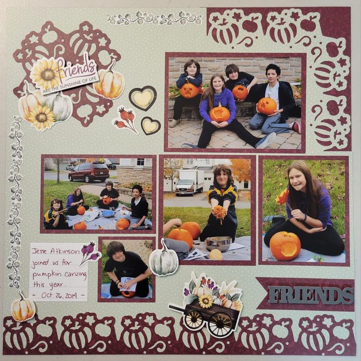 a scrapbook page with pictures of people and pumpkins on it, including the words friends