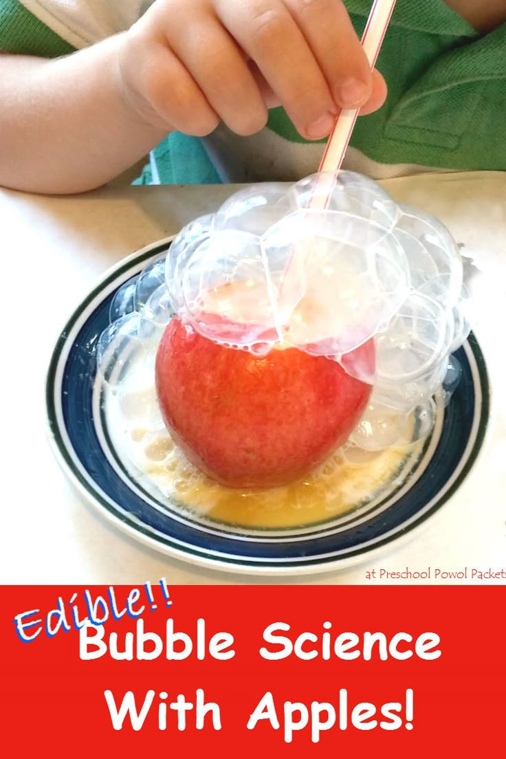 an apple in a plastic bag on top of a plate with the words edible bubble science with apples