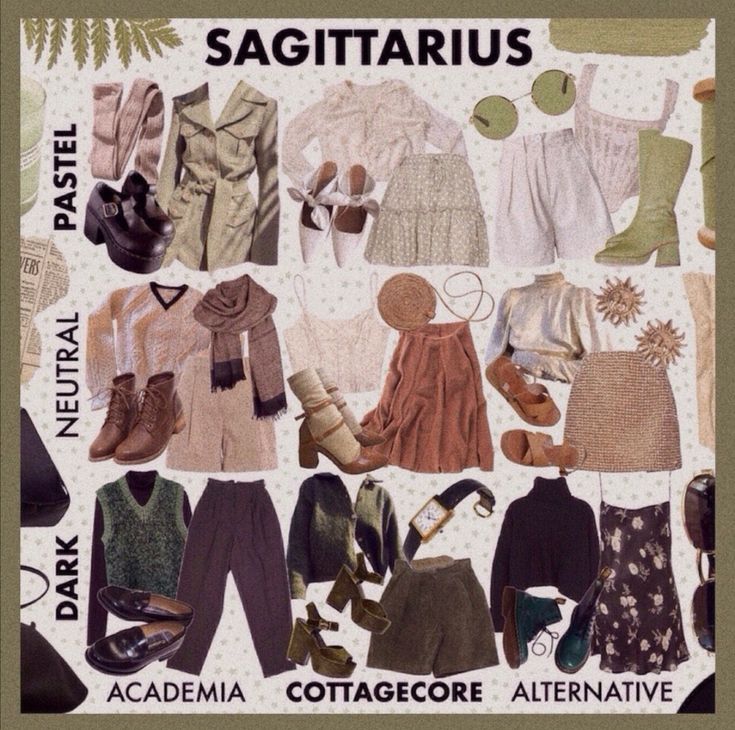 a collage of different types of clothes and shoes on a piece of paper that says sagittarius