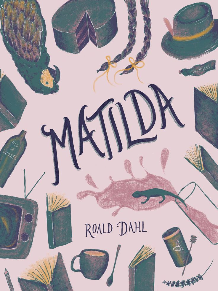 the cover of matilda by rold dahll, with illustrations of hats and other items