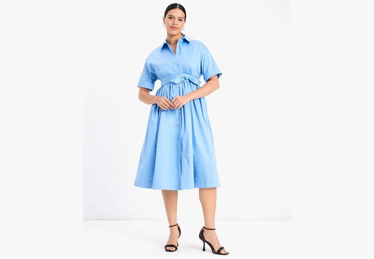 Turn to this waist-cinching midi done in our lightweight cotton poplin for an effortlessly elegant look. | Kate Spade Poplin Midi Montauk Dress, Astral Blue - XXS Chic Workwear Dresses With Gathered Waist, Chic Dresses With Gathered Waist For Work, Spring Formal Midi Dress With Gathered Waist, Elegant Cotton Shirt Dress With Tie Waist, Cotton Tie Waist Midi Dress For Work, Elegant Belted Cotton Midi Dress, Cotton Midi Dress With Tie Waist For Work, Cotton Workwear Dress With Pleated Waist, Spring Cotton Shirt Dress With Pleated Waist