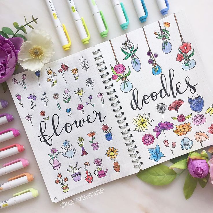 an open notebook with flowers and doodles on the cover next to markers, pens and paper