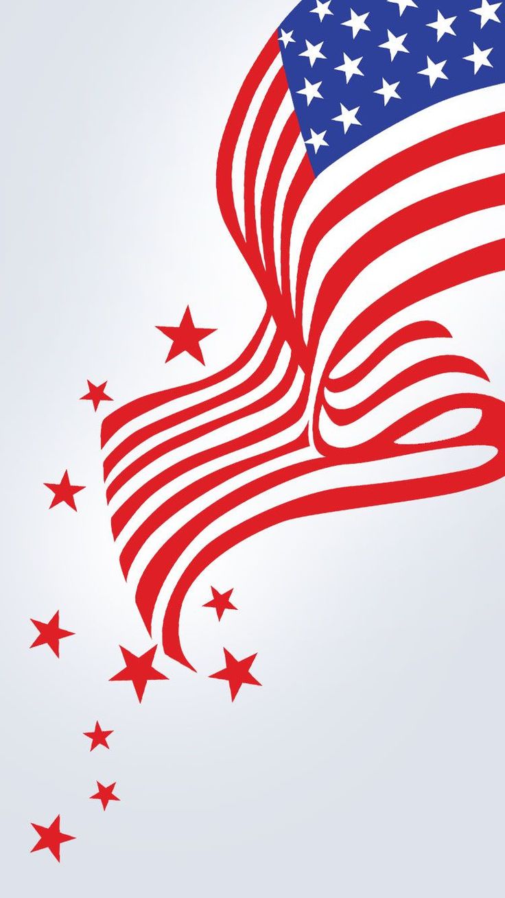 an american flag blowing in the wind on a white background with red stars around it