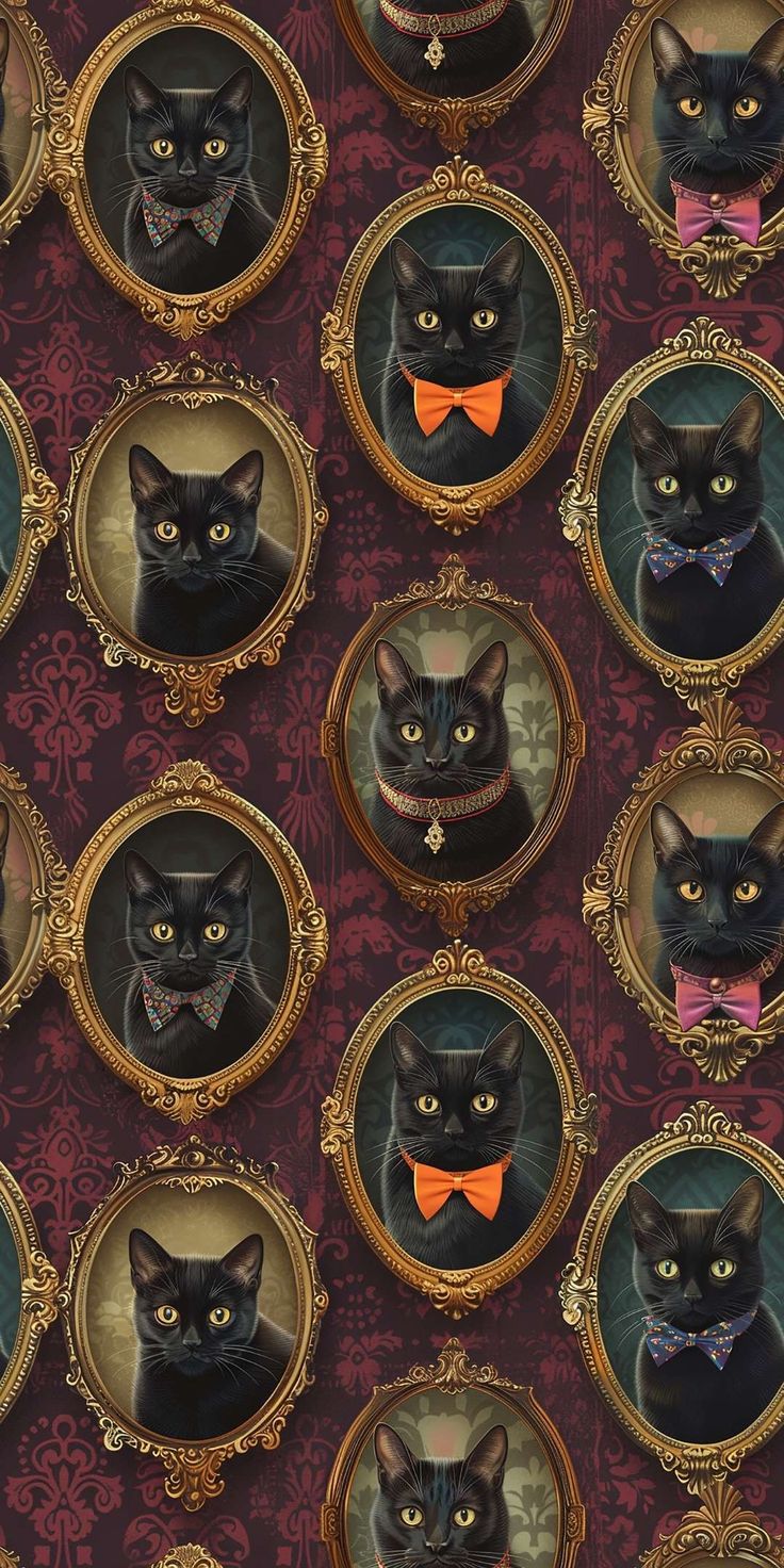 many black cats wearing bow ties are shown in an ornate frame