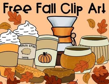 an image of a fall clip art with coffee, cake and maple leaves on it