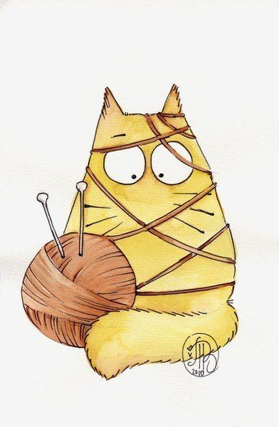 a drawing of a cat holding a ball of yarn and knitting needles in it's paws