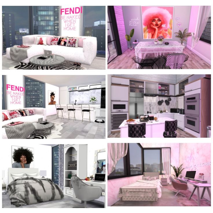 four different views of a living room and dining room in the same house, with pink accents