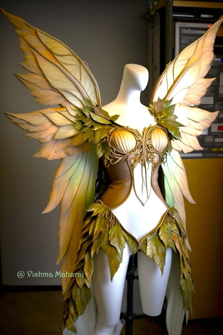 a white mannequin with green leaves on it's chest and wings, in front of a yellow wall