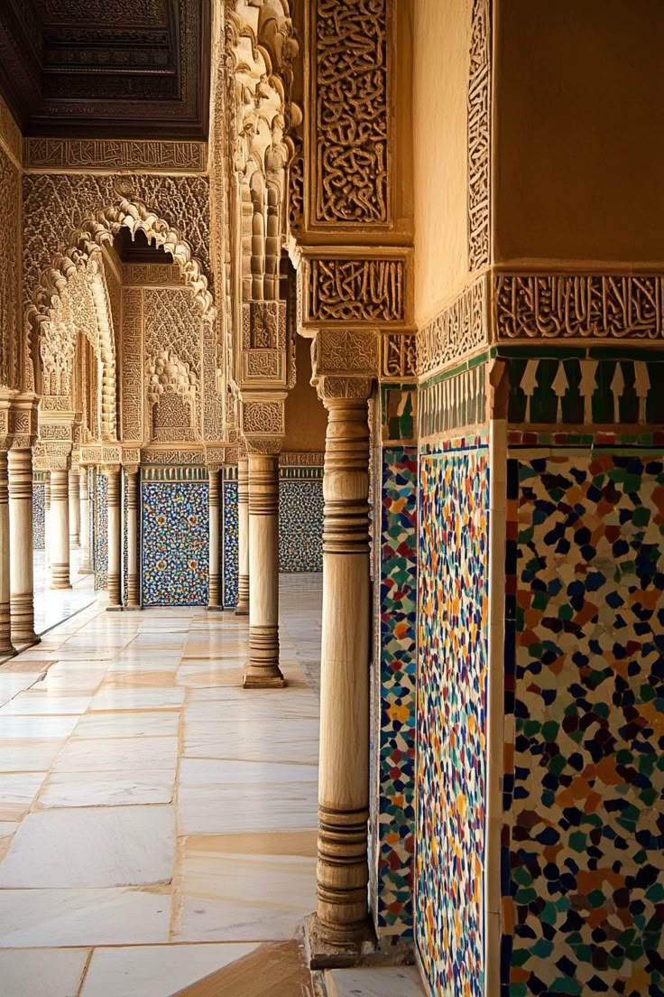 an ornate building with columns and tiled walls