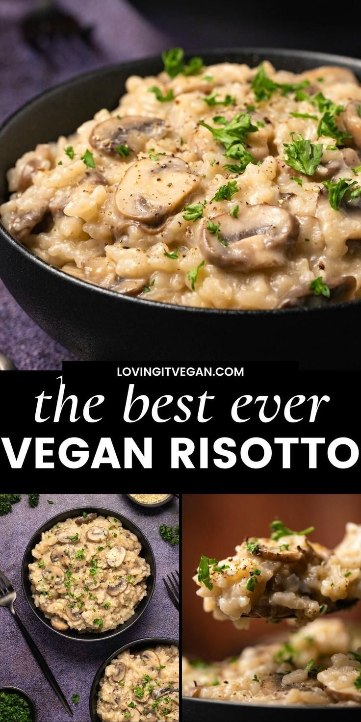 vegan risotto with creamy and rich mushrooms in a skillet on a purple cloth