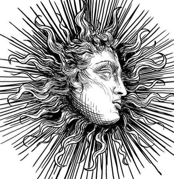 the sun with a face on it and rays coming out from its center, vintage line drawing or engraving style