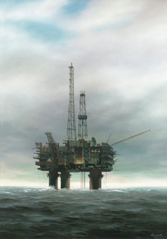 an oil rig in the middle of the ocean on a cloudy day with blue skies