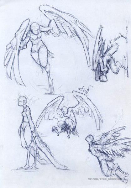 three sketches of people in different poses, one with wings and the other with legs spread out