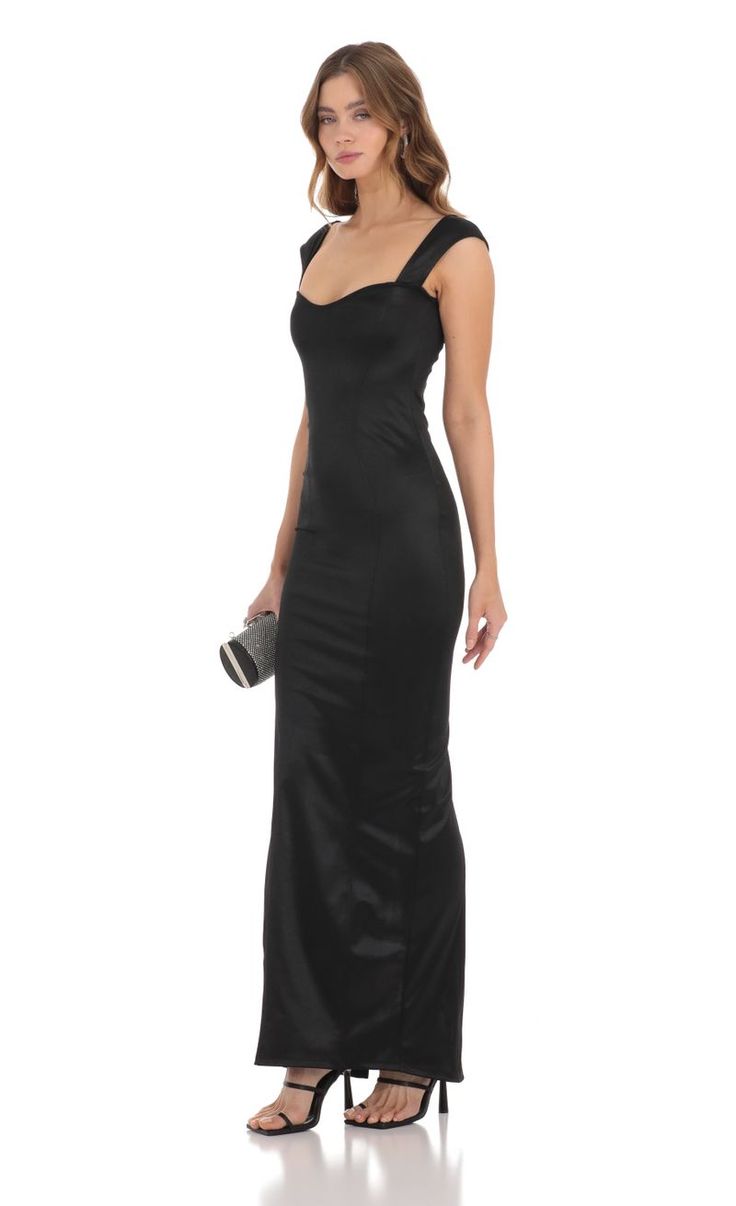 Satin Bodycon Maxi Dress in Black | LUCY IN THE SKY Black Ball Dresses, Black Maxi Dress Formal, Black Satin Bridesmaid Dress, Classy Formal Dresses, Satin Dress Outfit, Long Black Dress Formal, Satin Long Sleeve Dress, Graduation Attire, Graduation Dresses Long