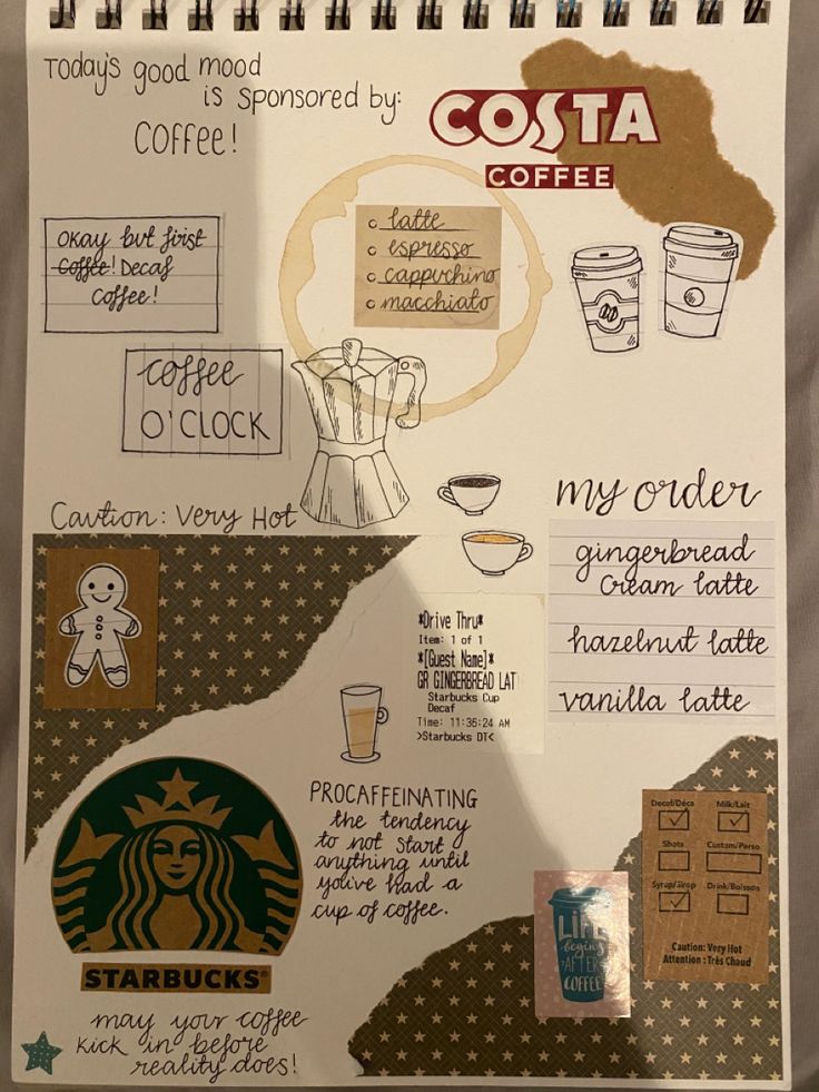 a poster with coffee related items on it, and other things to write in the paper