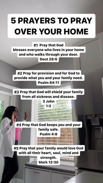 a woman standing in front of a window with the words 5 prayers to pray over your home