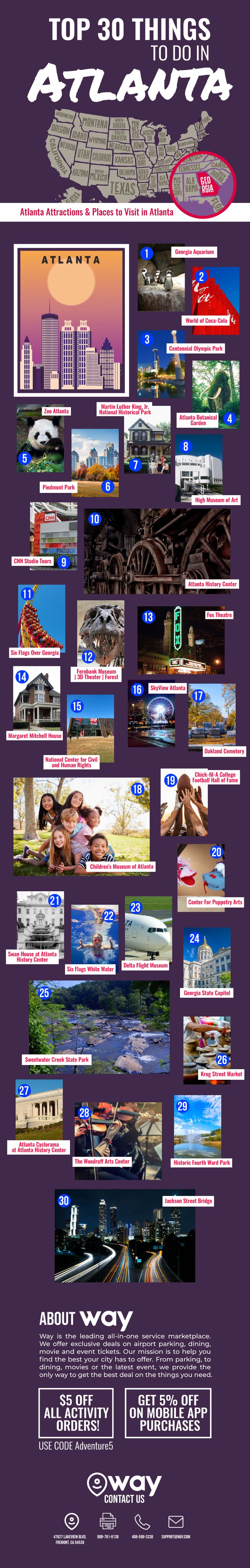 an advertisement for the top 50 things to see and do in atlanta, ga with images