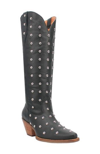 Gleaming globe-like studs pepper the pebbled leather upper of this glam Western boot set atop a steady stack heel. 2" heel 16" shaft; 15" calf circumference Cushioned insole Leather upper/textile lining/synthetic sole Imported