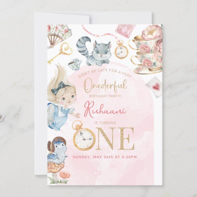 a pink and gold birthday party card with an image of alice the wonderland character on it