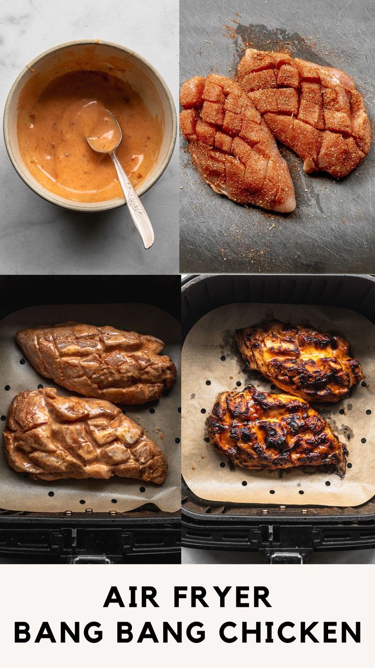 air fryer bang bang chicken recipe in four different pictures with text overlay that reads, air fryer bang chicken