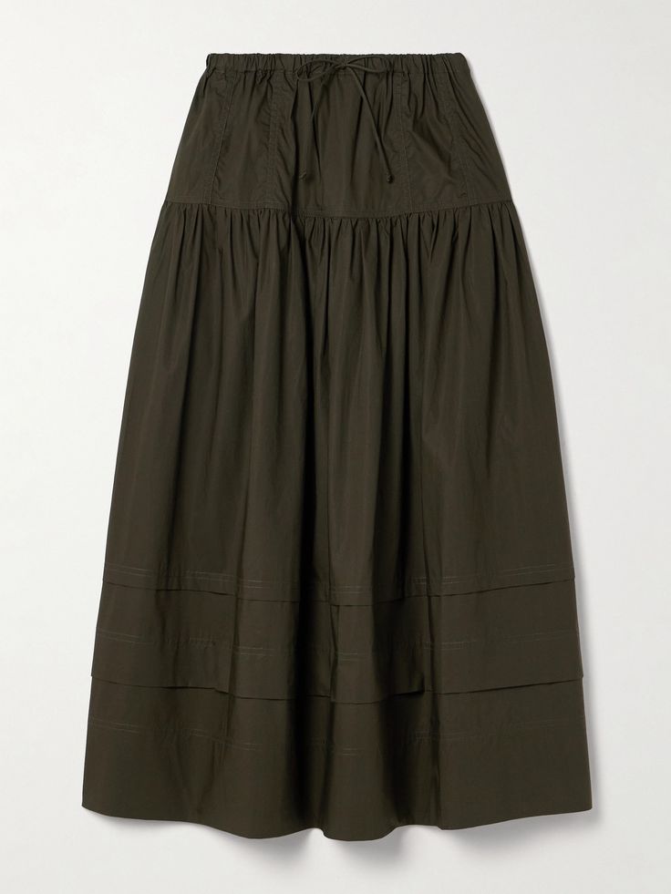 Ulla Johnson's 'Anthia' skirt is made from lightweight cotton-poplin in a tiered, billowy silhouette. The elasticated waistband is threaded with drawstrings, giving it a subtly sporty feel. Style it as part of a neutral outfit. Ghana Clothes, Poplin Skirt, Modest Dresses Casual, Fashion Sewing Pattern, Neutral Outfit, Gathered Skirt, Beautiful Skirts, Green Skirt, Tiered Skirt