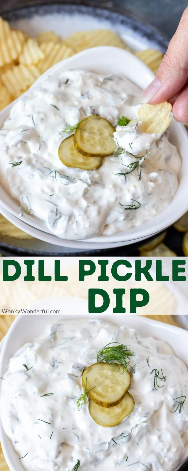 this dip is loaded with pickles and dill pickles for an easy appetizer