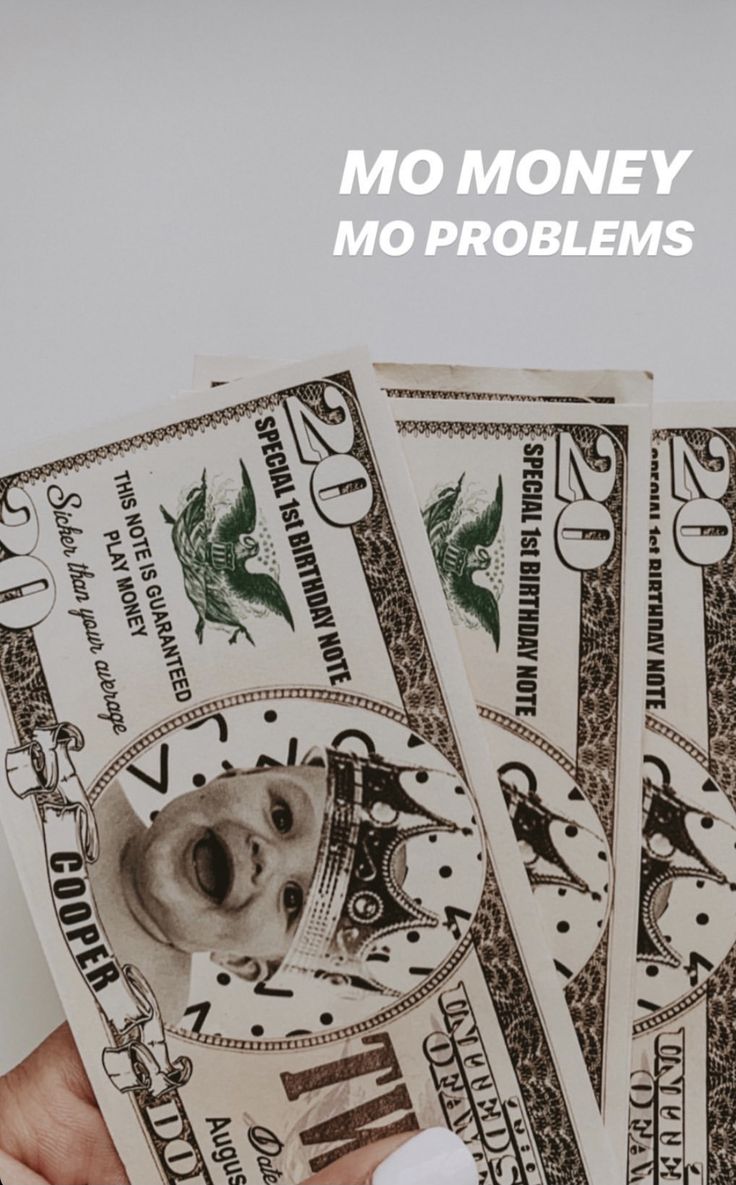 a person holding four stacks of money with the words mo money mo problems on it